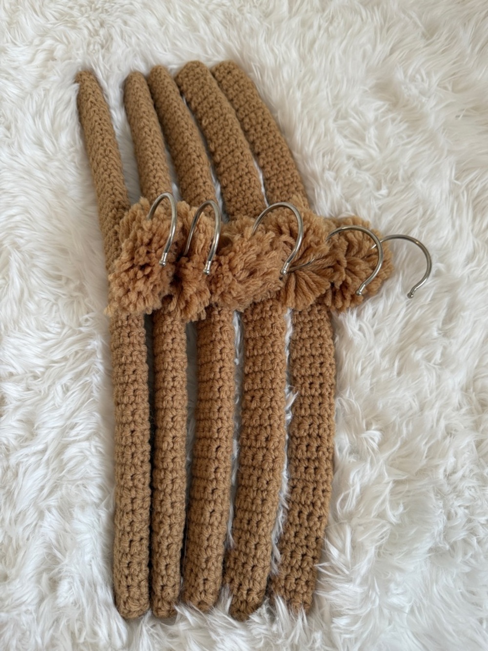 Set of 5 Camel Crochet Velvet-Covered Coat Hangers with Pom Trim